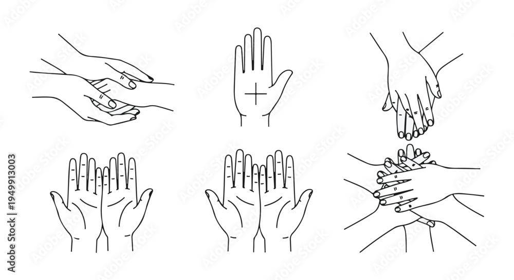 Fototapeta premium Set of diverse hand gestures line art icons. Minimalist vector illustration for design. isolated PNG with Transparent Background
