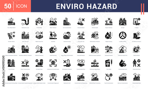 Enviro Hazard Icon Set. toxic waste barrel, radioactive leak, air pollution, water pollution, soil contamination and more. Glyph Style vector icons collection.