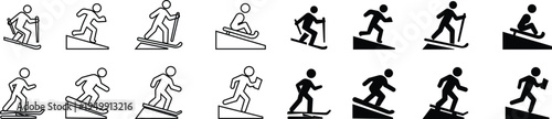 Hill Sports Icon set. Hill sports. Solid vectors of hill sports, downhill running, mountains sledding, skiing, snowboarding, silhouettes grass boarding, trail running, abstract outdoor symbol diagram