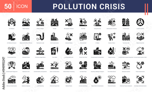 Pollution Crisis Icon Set. air pollution, water pollution, plastic pollution, oil spill, microplastic pollution and more. Glyph Style vector icons collection.