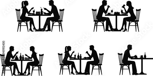 Restaurant silhouette vector, people dining illustration, social interaction scene, black table figures, cad drawing flat vector illustration