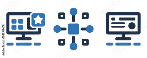 Computer network icons, broken screen, connected nodes, and webpage interface, vector illustrations symbolizing system errors