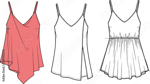 "Fashion flat sketch of three sleeveless women’s tops with spaghetti straps featuring asymmetrical hem, flared silhouette, and gathered waistline shown in front design views"