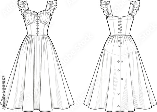 Ruffled strap dress sketch, button-down bodice design, flared skirt fashion CAD, flat illustration, cad drawing flat vector illustration