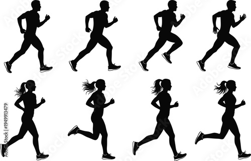 Running people silhouette collection, male and female athletes jogging, sprint workout set, cad drawing flat vector illustration