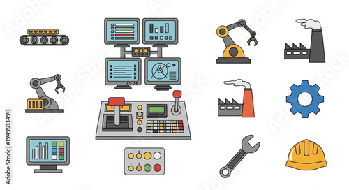 Factory Automation and Industrial Equipment Icons Set.