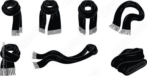 Scarf silhouette vector, winter fashion accessory design, black white textile illustration, cozy wrap styles, cad drawing flat vector illustration