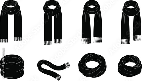 Scarf silhouette vector, winter fashion accessory design, cozy wrap styles, black white textile illustration, cad drawing flat vector illustration