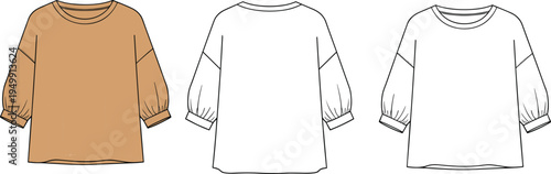 "Technical flat sketch of long‑sleeve women’s shirt with puffed sleeves, round neckline, cuffs, and loose fit shown in front and back garment design views"