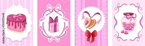 Coquette romantic poster set with pink and red ribbons - heart shaped cake and locket, gift box and candy jar. Vintage frames with delicate bows for whimsical valentine wedding invitation designs.