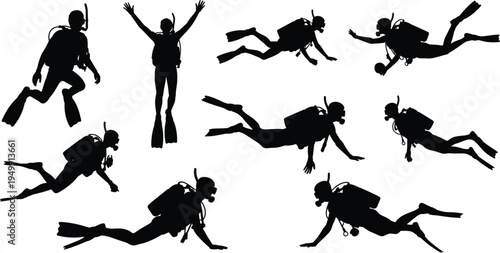 Scuba diver silhouette collection underwater diving poses, professional diving activity motion set, marine exploration sport isolated vector illustration design