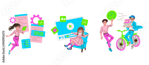 Playful Tech and Delivery Moments Vector Illustration