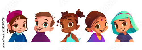 Child avatar set of diverse cartoon faces with cute expressions. Cheerful children portraits - caucasian and african, indian and arab kids with hairstyles for school or kindergarten profile icons.