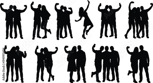 Selfie silhouette vector, social interaction illustration, smartphone pose artwork, modern group behavior design, cad drawing flat vector illustration