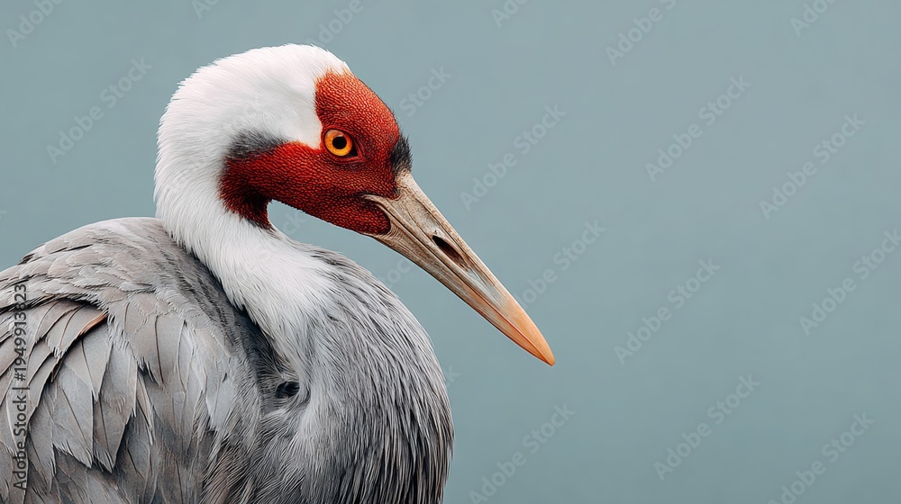 Fototapeta premium Close-up of a large bird with a striking red and white head, gray feathers, and an elongated beak against a soft blue background