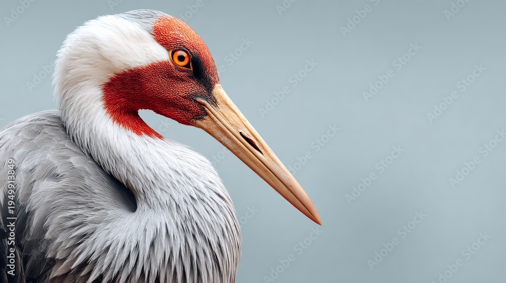 Obraz premium Close-up of a majestic crane with striking red and white plumage, showcasing its long beak and detailed feathers against a soft gray background