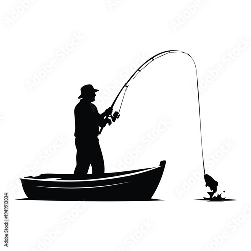 Fisherman silhouette catching fish from small boat on calm lake water