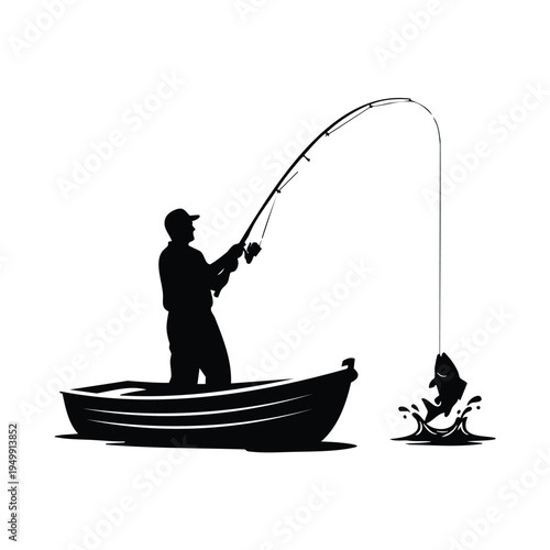 Fisherman in a boat catching fish silhouette action vector illustration