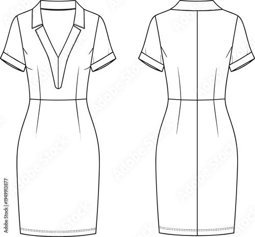 "Technical flat sketch of tailored knee‑length dress with short sleeves, deep V‑neckline, notched collar, waist seam, and straight hem shown in front and back views"