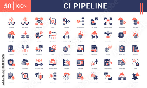 CI Pipeline Icon Set. ci process, build pipeline, version control, commit, code merge and more. Glyph Dual Tone Style vector icons collection.