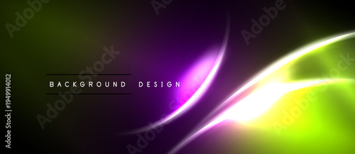 Abstract neon lines create dynamic gradient background. Purple, green, yellow hues blend seamlessly. Modern design element.