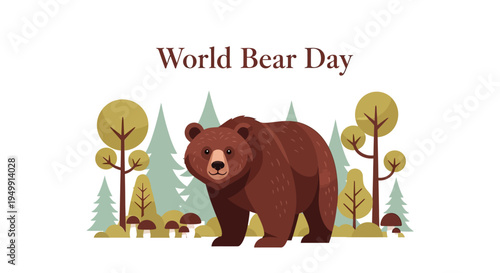 Illustration of a brown bear in a forest with trees and foliage on World Bear Day to promote bear conservation awareness.