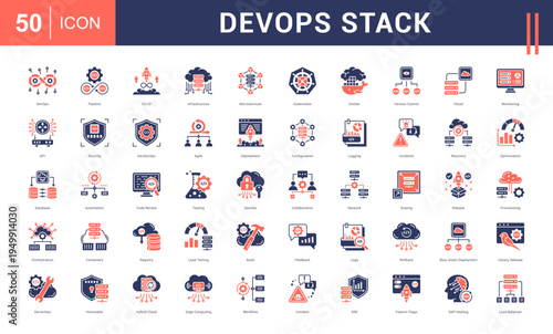 DevOps Stack Icon Set. devops, pipeline, ci/cd, infrastructure, microservices and more. Glyph Dual Tone Style vector icons collection.