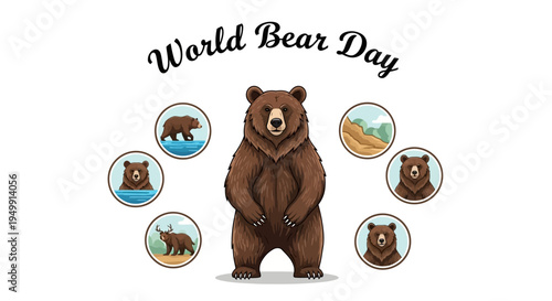 Illustration of a brown bear standing surrounded by smaller circles depicting various bear species and habitats for World Bear Day conservation awareness campaign.