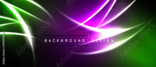 Abstract neon lines create vibrant purple, green glow. Dark background emphasizes bright energy, modern design elements.