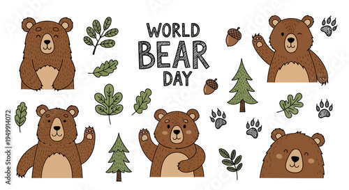 Illustrations of brown bears and forest elements for World Bear Day design and conservation awareness with a natural and educational mood.