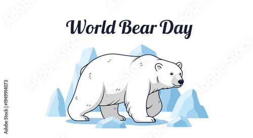 Illustration of a polar bear walking on ice with mountains, celebrating World Bear Day in a vector design style.