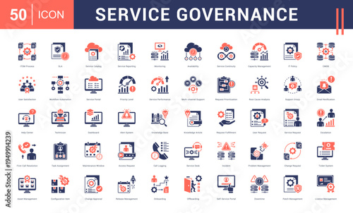 Service Governance Icon Set. itsm process, sla, service catalog, service reporting, monitoring and more. Glyph Dual Tone Style vector icons collection.