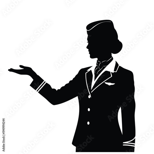 Flight attendant silhouette showing direction with open hand gesture