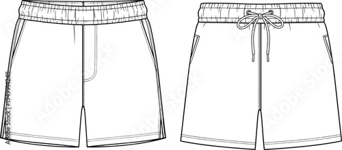 "Technical flat sketch of two shorts designs with elastic waistbands, side pockets, drawstring detail, and seam accents shown in front fashion illustration views"