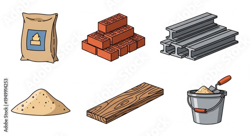 Construction Materials - Cement, Bricks, Steel Beams, Sand, Wood Plank, and Mortar.