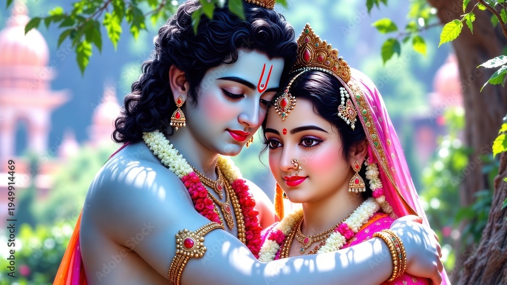 Fototapeta premium Radha and krishna embracing in temple garden setting