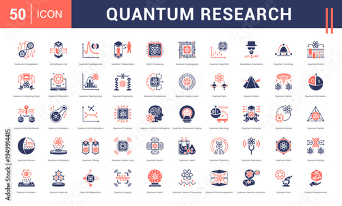 Quantum Research Icon Set. entanglement, schrodingers cat, super position, teleportation, qubit processing and more. Glyph Dual Tone Style vector icons collection.