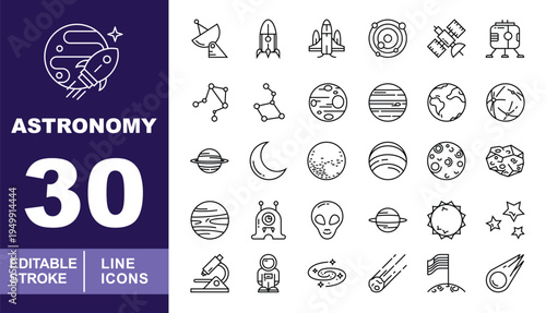 Astronomy, Space Discovery, and Galaxy Line Icons. Editable stroke icons for science education, aerospace technology, and digital apps. Featuring planets, rockets, satellites, astronauts, alien life
