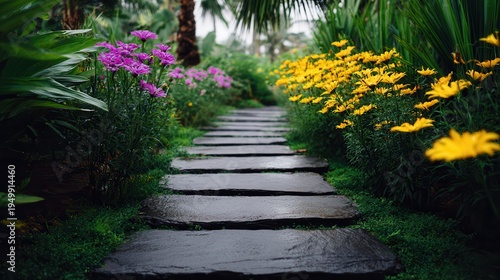 Garden pathway with vibrant flowers tropical greenery