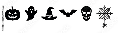 Set of black Halloween silhouette icons including a pumpkin, ghost, witch hat, bat, skull, and spider on a web, presented in a simple, graphic, and minimalist style