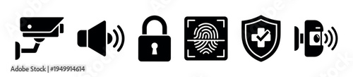 Set of black security and protection icons featuring a surveillance camera, alarm, padlock, fingerprint scanner, shield, and video doorbell for safety system concepts