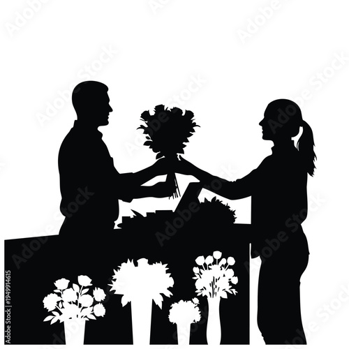 Florist hands bouquet to woman, flower shop silhouette interior background
