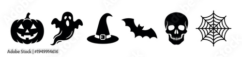 Collection of six black Halloween icons featuring a jack-o'-lantern, ghost, witch hat, bat, skull, and spiderweb in a minimalist, graphic, and spooky holiday design