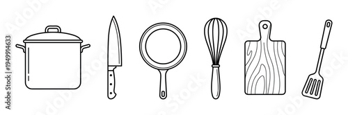 Set of black outline kitchen utensils including a pot, knife, pan, whisk, cutting board, and spatula in a minimalist line art style for cooking and food preparation concepts