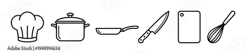 Set of black line art kitchen icons including a chef hat, pot, pan, knife, cutting board, and whisk for cooking and culinary concepts in a minimalist vector style
