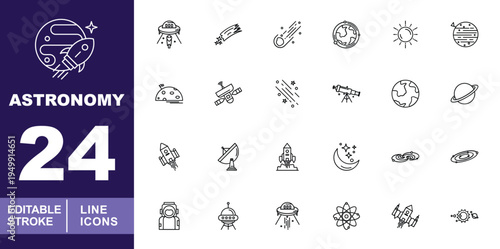 Universe & Space Discovery Icons. Editable stroke vector icons for astronomical research. Featuring UFO abductions, meteor showers, planet Earth, sun symbols, lunar surfaces, satellites, space 