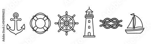Set of six black nautical line icons featuring an anchor, lifebuoy, ship's wheel, lighthouse, rope knot, and sailboat, representing marine travel and adventure themes