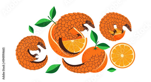 Whimsical Pangolins and Oranges Illustration, Cute Animal Art