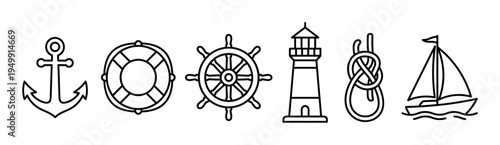 Set of black outline nautical icons featuring an anchor, lifebuoy, helm, lighthouse, rope knot, and sailboat arranged in a row for marine and sea-themed graphic design