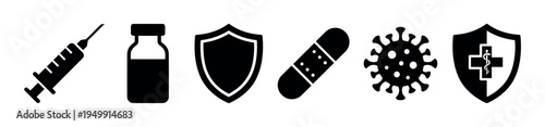 Set of black medical and vaccination icons showing a syringe, vial, shield, bandage, virus cell, and healthcare symbol for disease prevention and immunity concepts